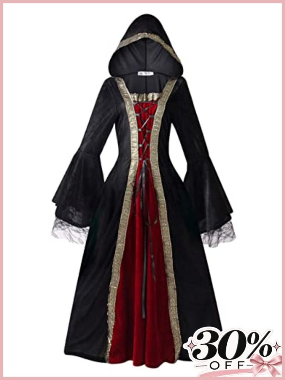 Womens Hooded Medieval Renaissance Costume Dress Lace Flare Sleeve